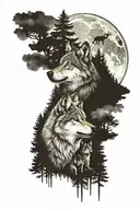 wolf family, mom dad and 2 cubs howling at moon, forrest background tattoo design idea