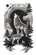 wolf family, mom dad and 2 cubs howling at moon, forrest background tattoo design idea