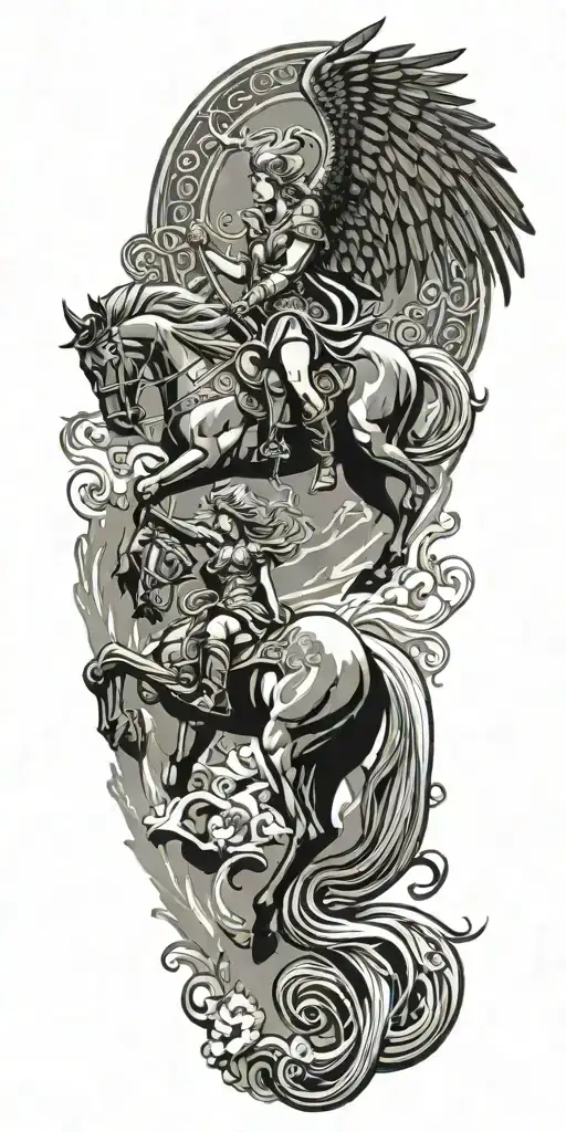 A fusion of Norse and Greek mythology elements, such as a Valkyrie riding a Pegasus, symbolizing bravery and strength tattoo design idea
