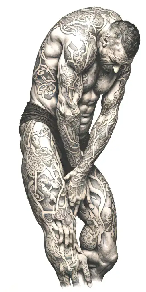 a man bent over with testicles  tattoo design idea