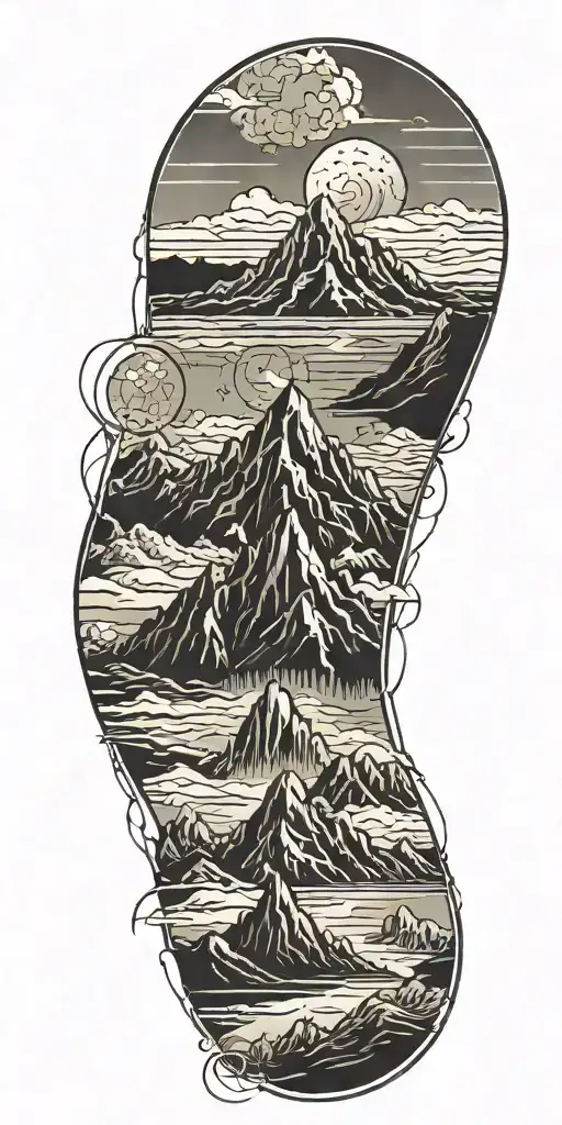 A colored tattoo of a mountain range with a hidden nuclear reactor symbol hidden within the peaks tattoo design idea