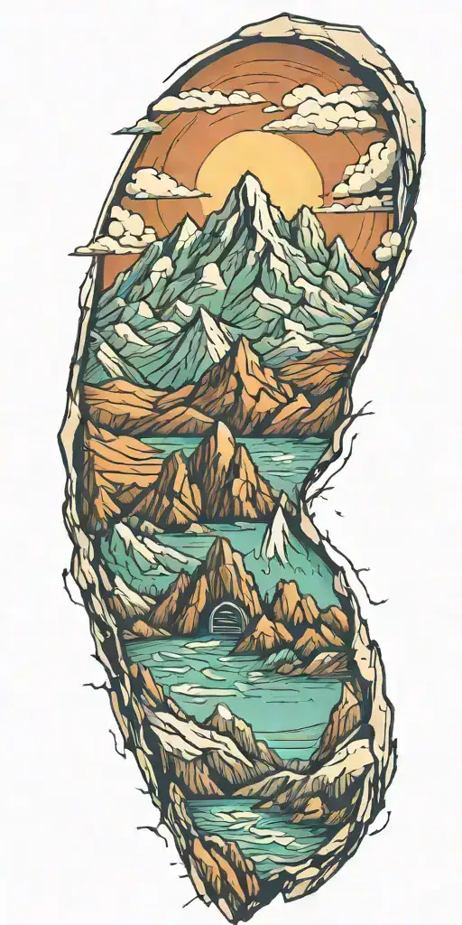 A colored tattoo of a mountain range with a hidden nuclear reactor symbol hidden within the peaks tattoo design idea