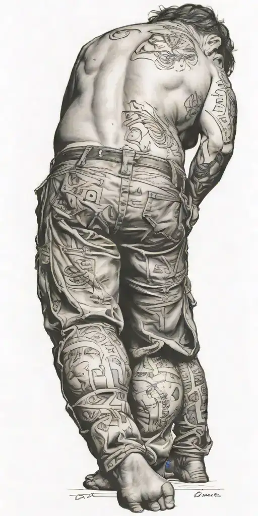 a man with testicles bent over tattoo design idea
