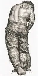 a man with testicles bent over tattoo design idea