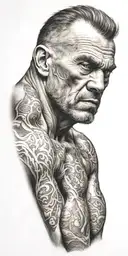 a man with testicles bent over tattoo design idea