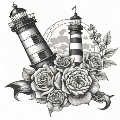 black and grey lighthouse with anchor and roses and a compass tattoo design idea