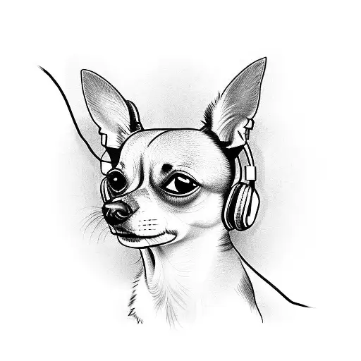 A blackwork tattoo of a chihuahua wearing headphones and listening to Coldplay tattoo design idea
