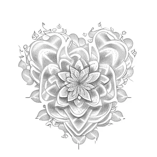 A dotwork tattoo of a bouquet of flowers forming the shape of a heart with music notes floating around it tattoo design idea