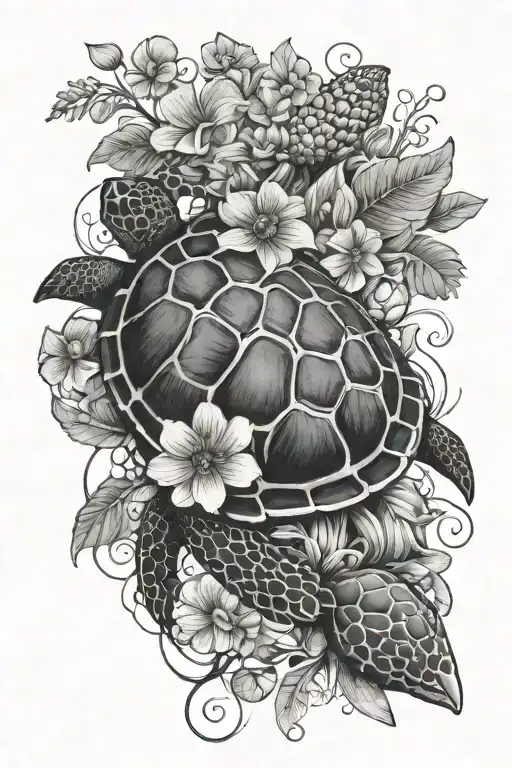 Sea Turtle Jelly Fish with Sea shells and Flowers  tattoo design idea