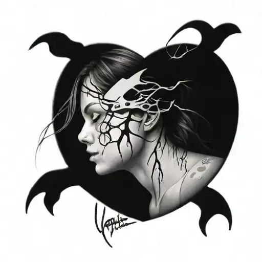 A broken heart being repaired by a girl side profile tattoo design idea