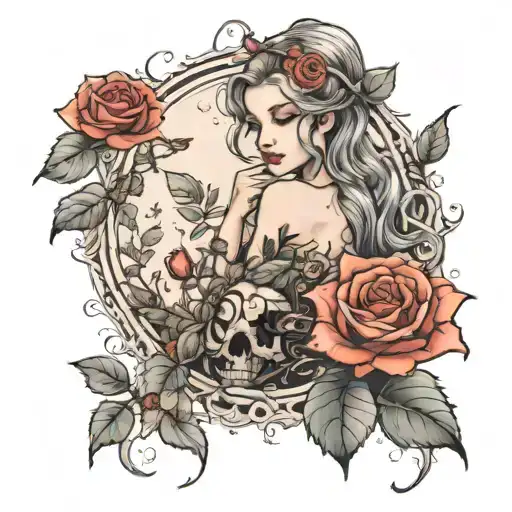 A mystical fairy tale scene with a black and grey style, featuring a magical rose garden and a hidden weed plant tattoo design idea