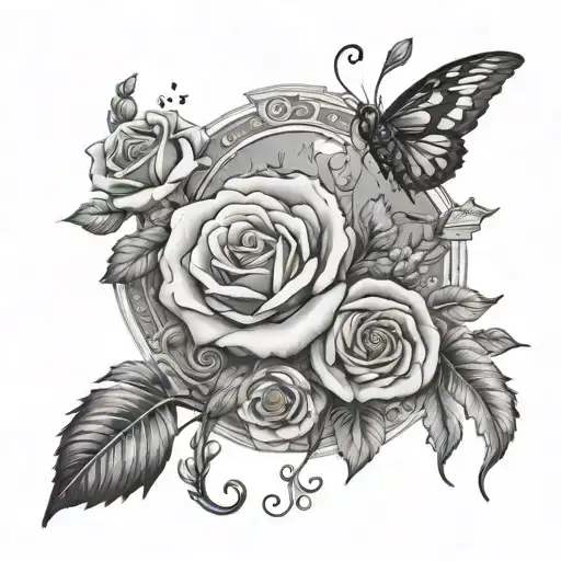 A mystical fairy tale scene with a black and grey style, featuring a magical rose garden and a hidden weed plant tattoo design idea