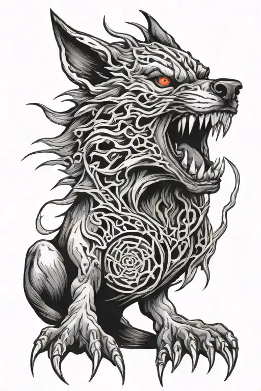 demon wolf eating flesh stitched eyes and mouth tattoo design idea