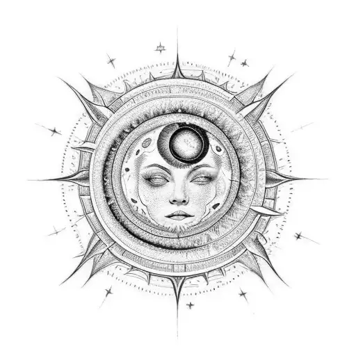 A celestial scene with the sun and moon entwined together, surrounded by enchanting herbs tattoo design idea