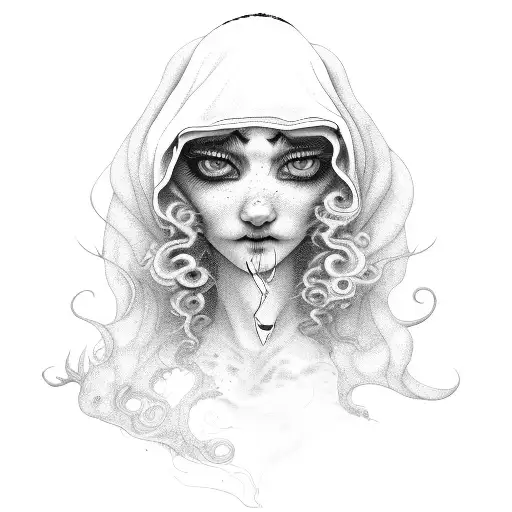 blanket ghost with curly hair and a laptop tattoo design idea