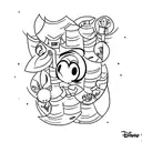 A minimalist tattoo of a bookshelf with Disney characters as book covers tattoo design idea