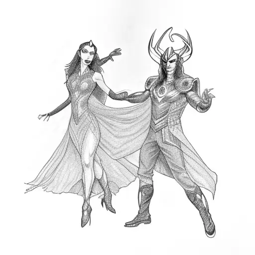 Loki and Hela dancing together in a ballroom tattoo design idea