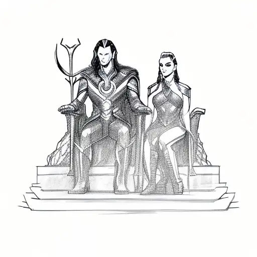 Loki and Hela sitting on thrones, ruling side by side tattoo design idea