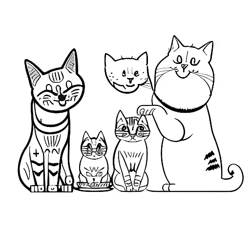 A dad cat and momy pig and toddler cat doing yoga poses together tattoo design idea