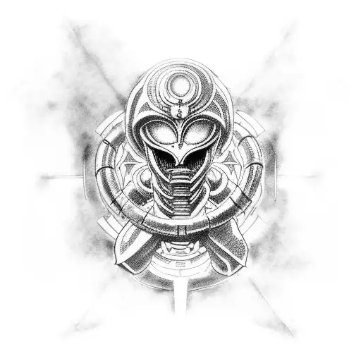 an arm sleeve, that has an alien theme mixed with anime like naruto, full metal alchemist, attack on titans, dr tattoo design idea