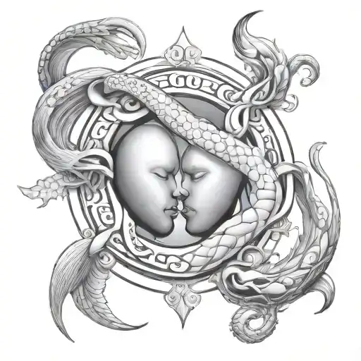 cancer and Aquarius zodiac sign intertwined symbolizing the client's love tattoo design idea