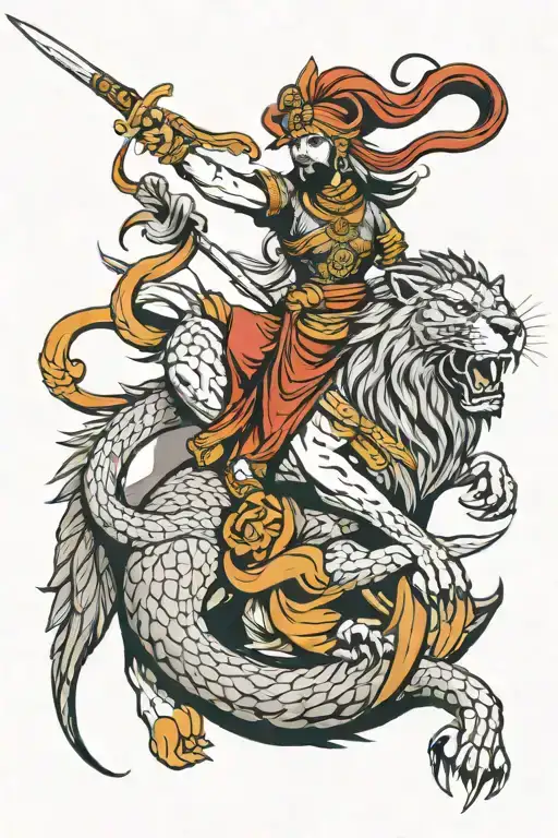 phonix rising female warrior sikh warrior style, dragon wapping around arm and lion on top.  tattoo design idea