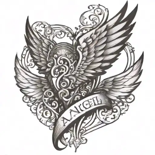 wing of an angel, heart and letter A tattoo design idea
