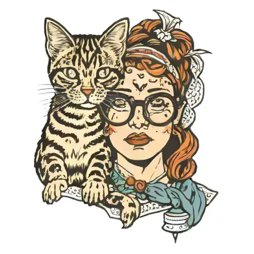 girl with glasses and freckles with a tabby cat. tattoo design idea
