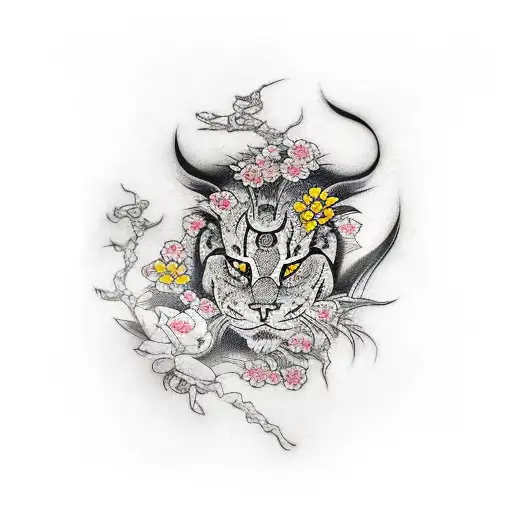Craft a byakko tattoo showcasing a powerful depiction of Byakko against a backdrop of blooming flowers tattoo design idea