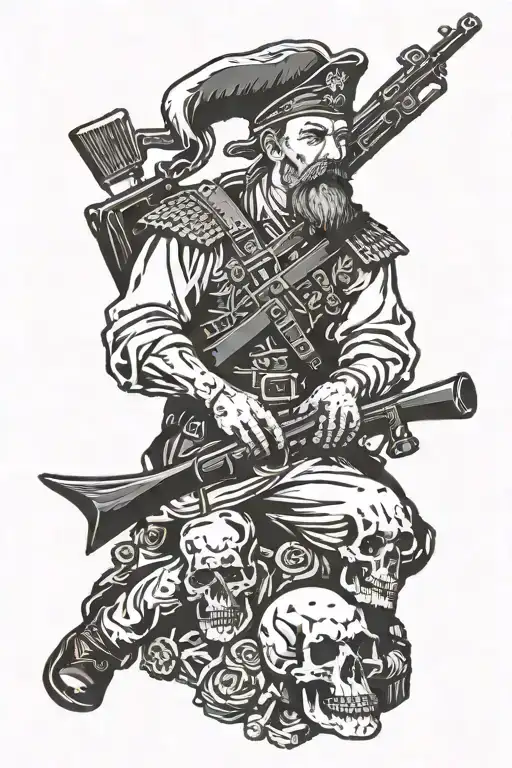 Cossack sitting with a gun on a pile of bones tattoo design idea