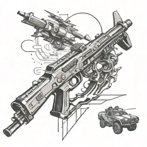 Combine elements of war, guns, and cars to create a futuristic battle scene tattoo tattoo design idea