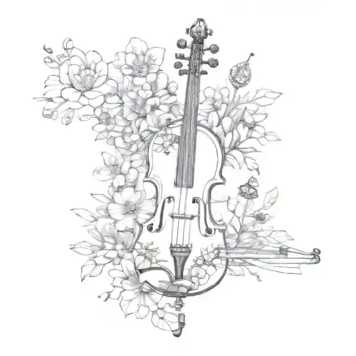A whimsical design featuring a violin surrounded by flowers and bees, inspired by Studio Ghibli's magical aesthetic tattoo design idea