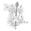 A whimsical design featuring a violin surrounded by flowers and bees, inspired by Studio Ghibli's magical aesthetic tattoo design idea