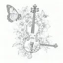 A whimsical design featuring a violin surrounded by flowers and bees, inspired by Studio Ghibli's magical aesthetic tattoo design idea