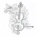 A whimsical design featuring a violin surrounded by flowers and bees, inspired by Studio Ghibli's magical aesthetic tattoo design idea