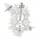 A whimsical design featuring a violin surrounded by flowers and bees, inspired by Studio Ghibli's magical aesthetic tattoo design idea