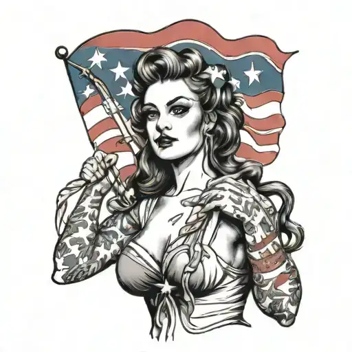 sexy woman holding American flag intertwined tattoo design idea