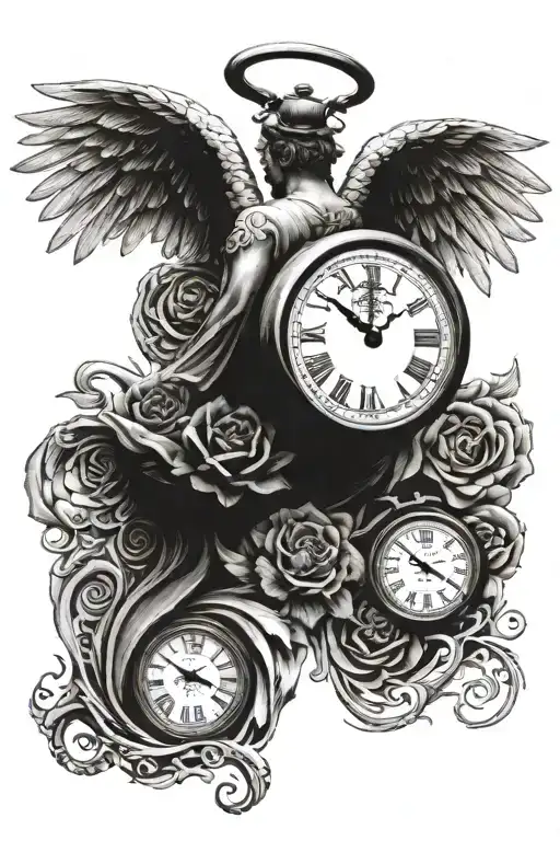 clock on angels back tattoo design idea