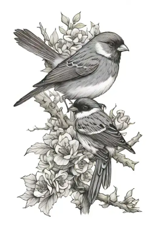 dark-eyed junco and American tree sparrow perched with flowers around tattoo design idea