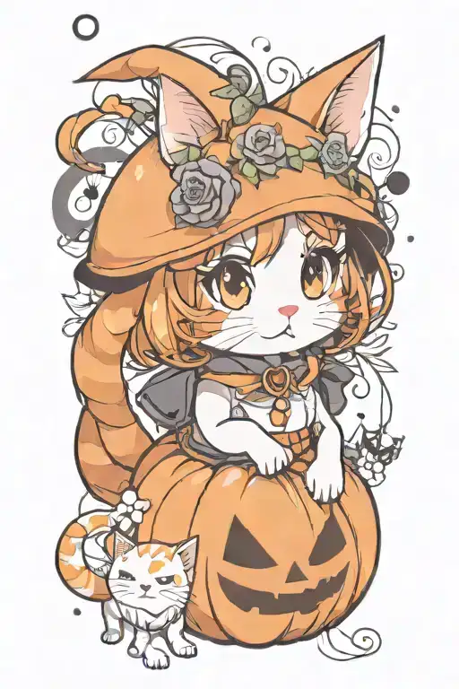 cat dressed up for halloween pumpkin tattoo design idea