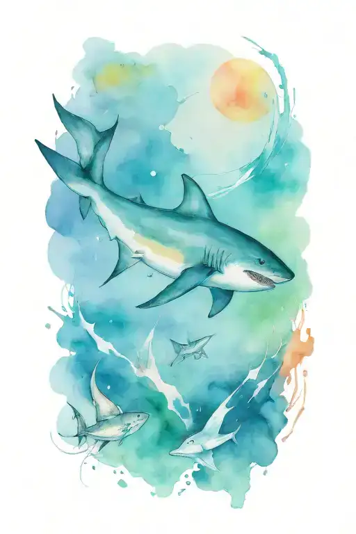 cat riding a shark tattoo design idea