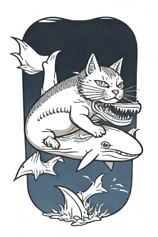 cat riding a shark tattoo design idea