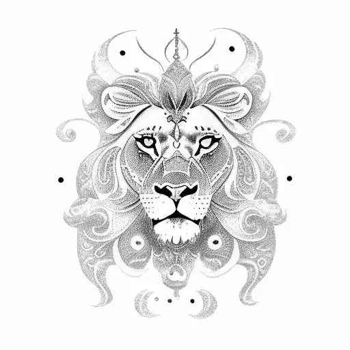 A dotwork tattoo depicting a majestic lion surrounded by Balinese musical instruments. tattoo design idea