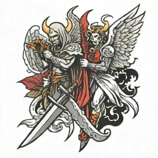 Angel and devil standing side by side with a dagger between them and a moth on the dagger tattoo design idea