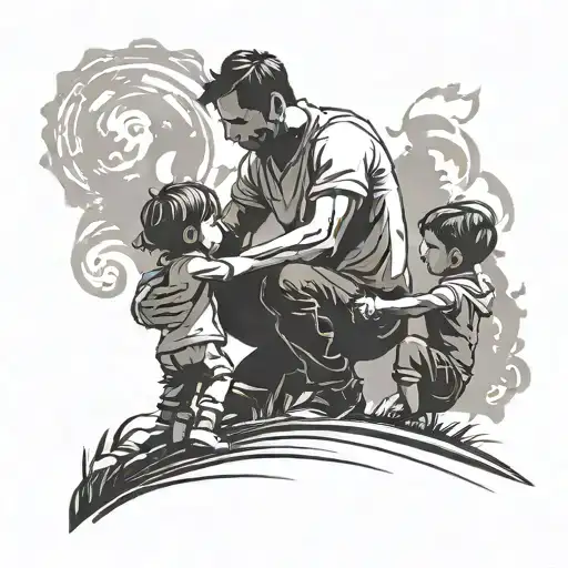 silhouette of a dad playing with his daughter and son tattoo design idea