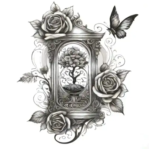 tree of life inside an hourglass and roses tattoo design idea