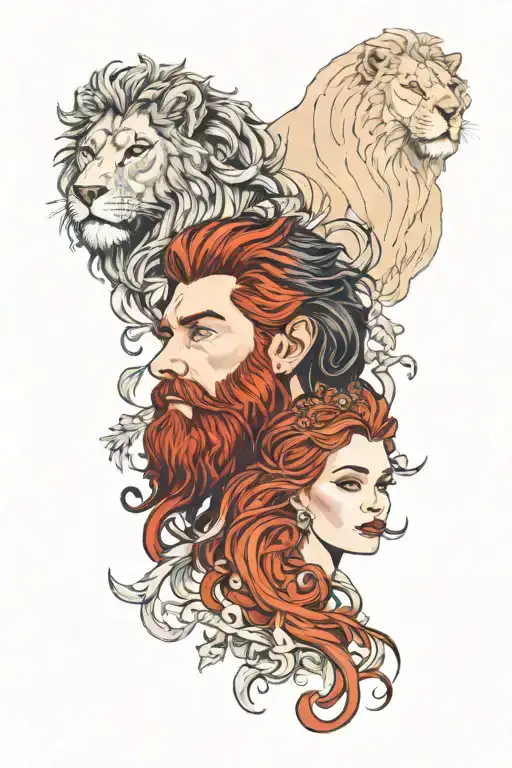 a handsome young bearded man with black hair accompanied by his red-haired princess. lion head ornament tattoo design idea