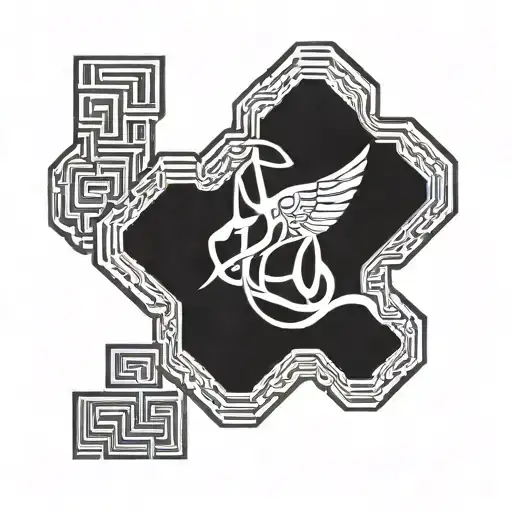 Geometric patterns with Japanese kanji symbols representing technology tattoo design idea