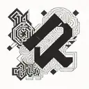 Geometric patterns with Japanese kanji symbols representing technology tattoo design idea