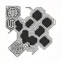 Geometric patterns with Japanese kanji symbols representing technology tattoo design idea